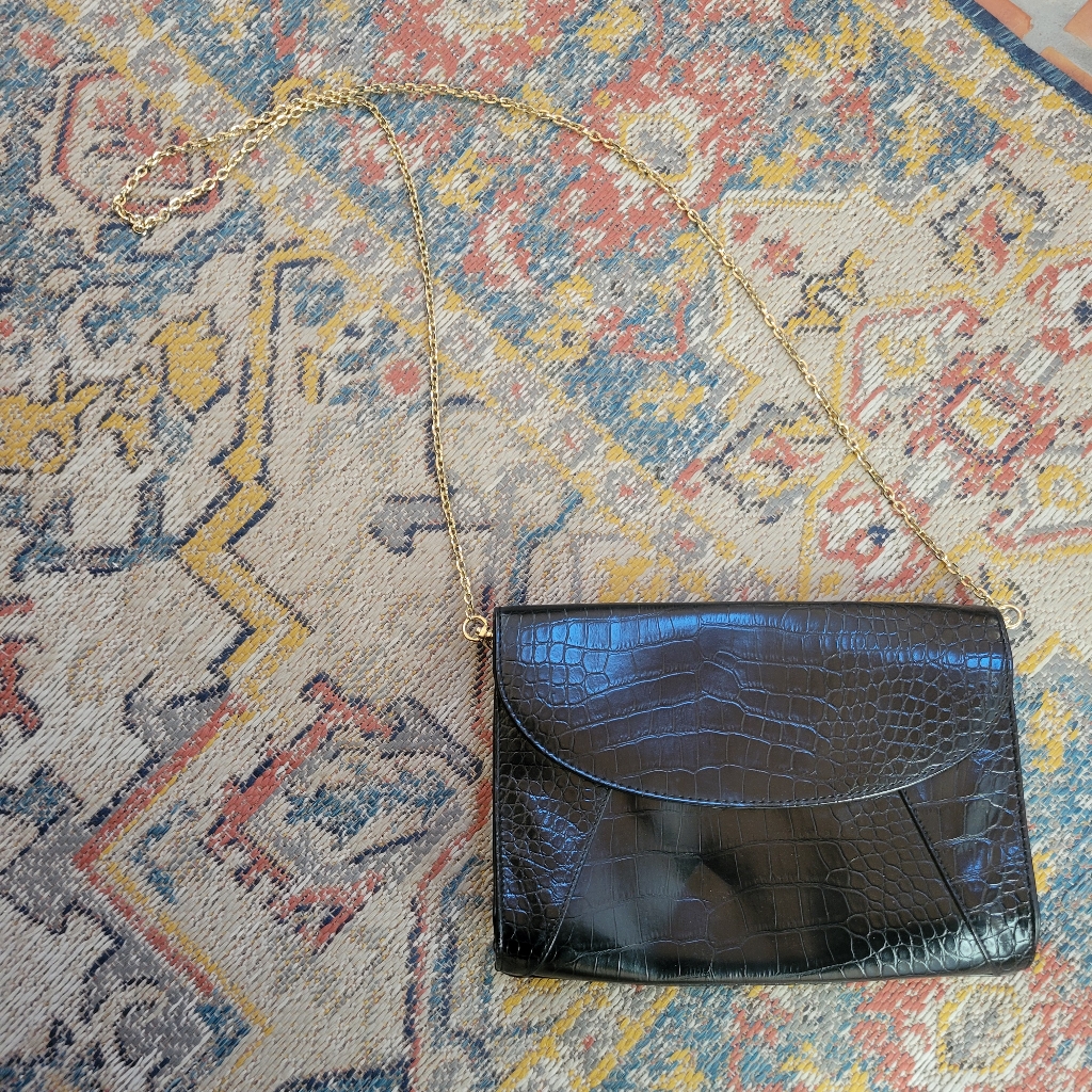 Faux Black Crocodile Leather Crossbody Bag